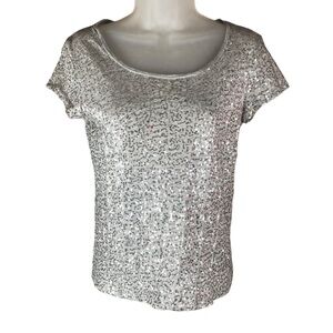 SHIRT - Women's Calvin Klein Silver Sequined Cap Sleeve T-Shirt. Size XS.